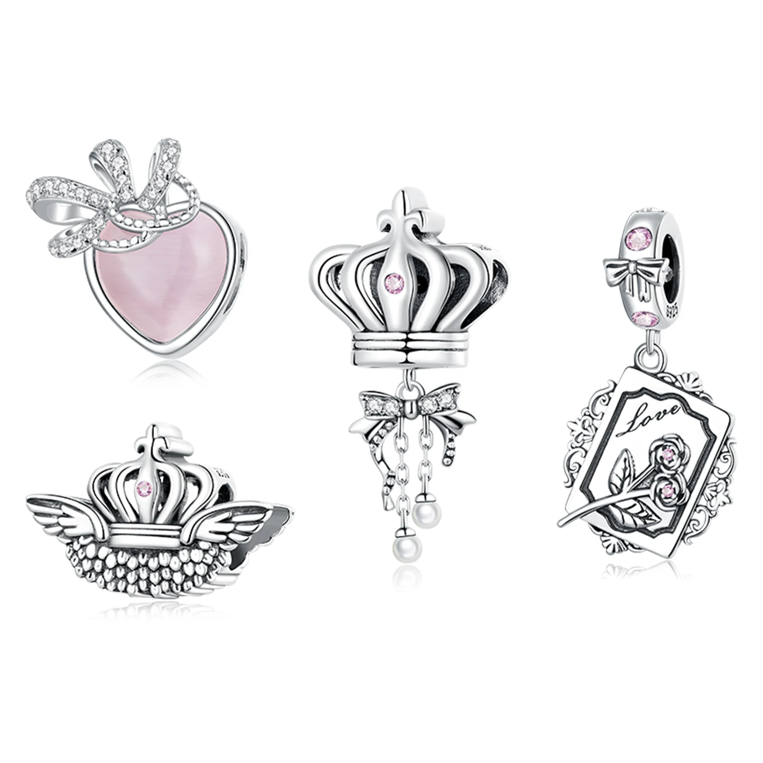 Jiangyuan 925 sterling silver jewelry beautiful bow crown charm delicate crown pink heart pendant zircon jewelry