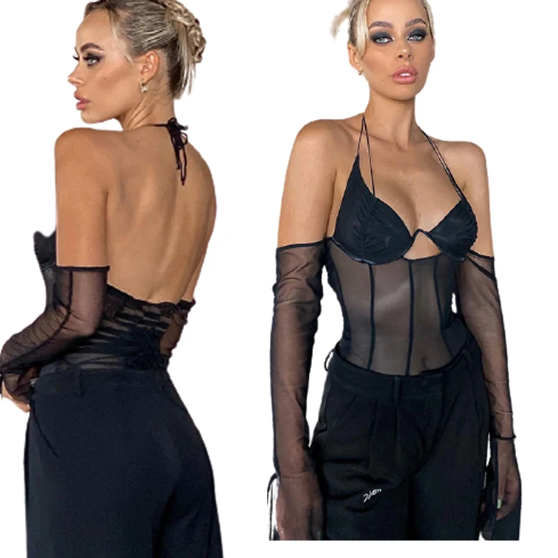 

2021 Amazon Hot Sale Ladies Spring Long Sleeve Halter Black Mesh Tops Women
