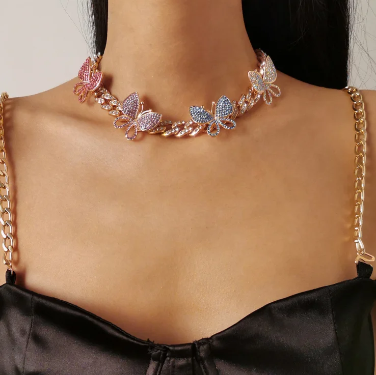 

2021 new arrival gold cuban link chain diamond necklace with butterfly choker necklace for women accessories jewelry wholesale