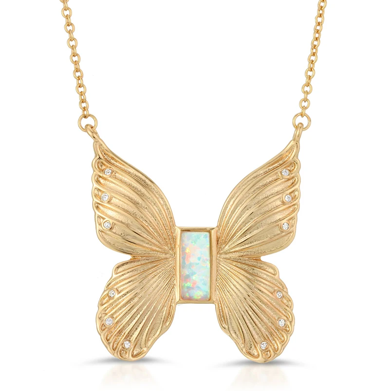 

Gemnel luxury 925 silver 18k gold blue tourmaline quartz gem butterfly mother of pearl opal necklace