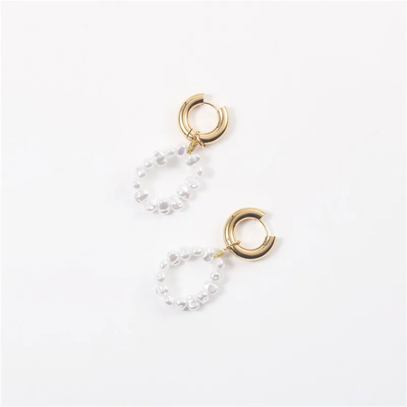 New Trendy Earring 18K Gold Plated Pearl String Pendant Huggie Earrings for Women Stainless Steel Earrings Wholesale