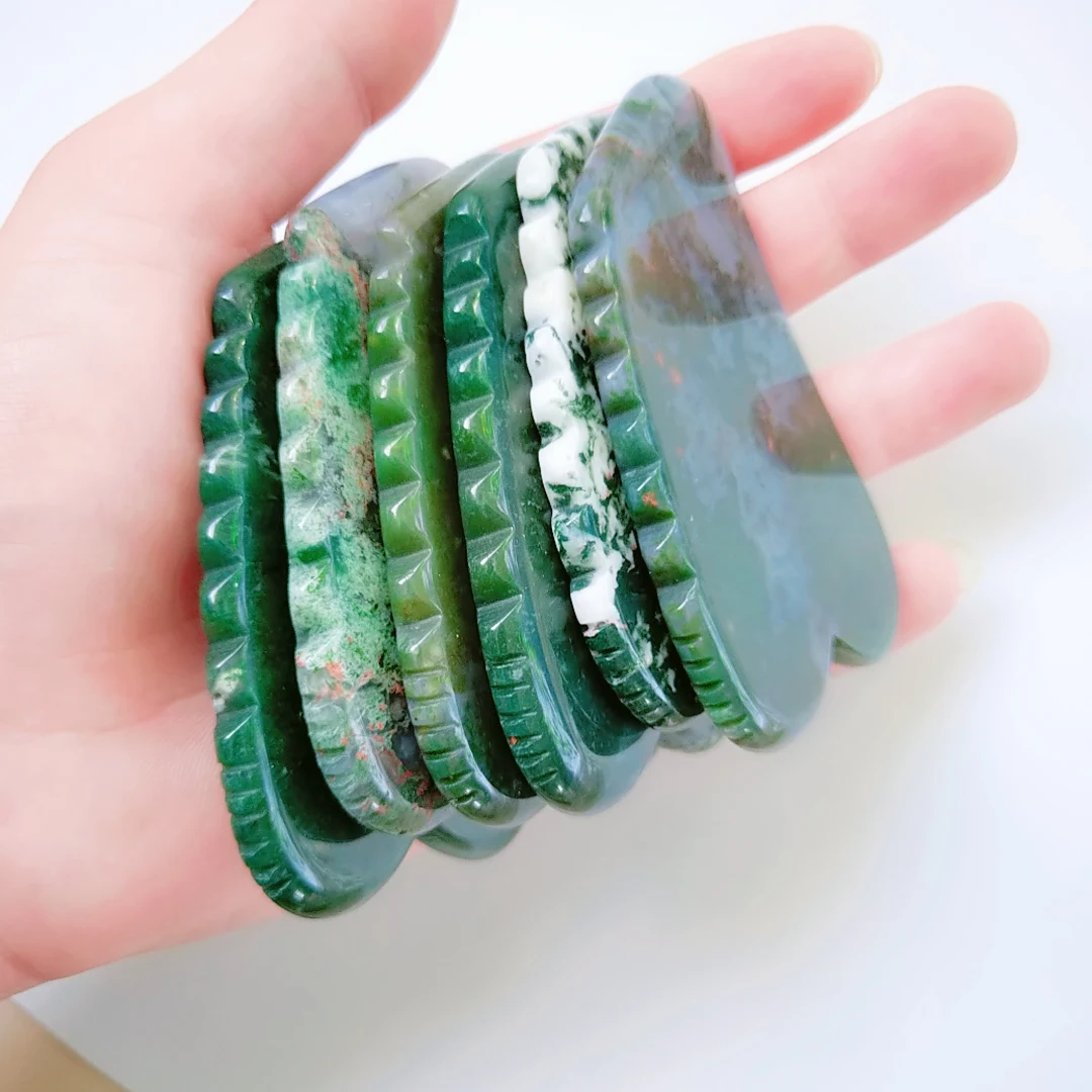 

2020 Amazon Hot Selling 100% Natural moss agate jagged square shape Gua Sha Stone For Body Anti-wrinkle