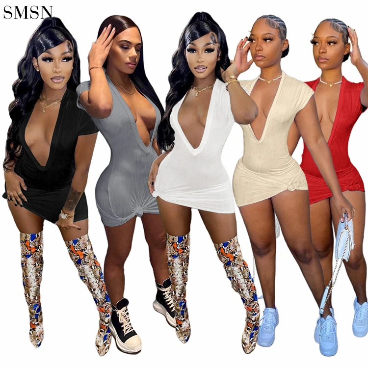 

New Women Fashion Clothing 2022 Woman Casual Deep V Sexy Dress Short Sleeve Ribbed Women Clothing Dress