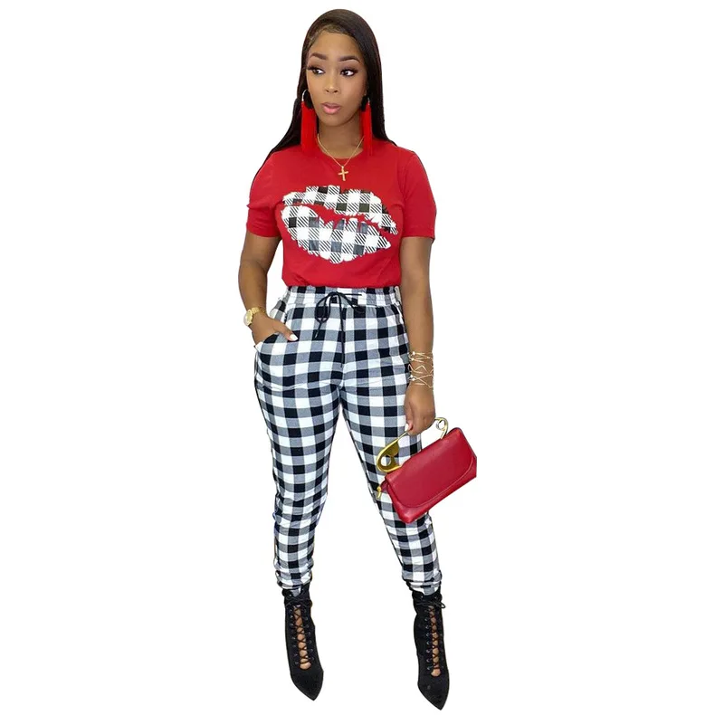 

new arrivals 2021 two piece set grid printed pants with short sleeves womens 2 peice outfits