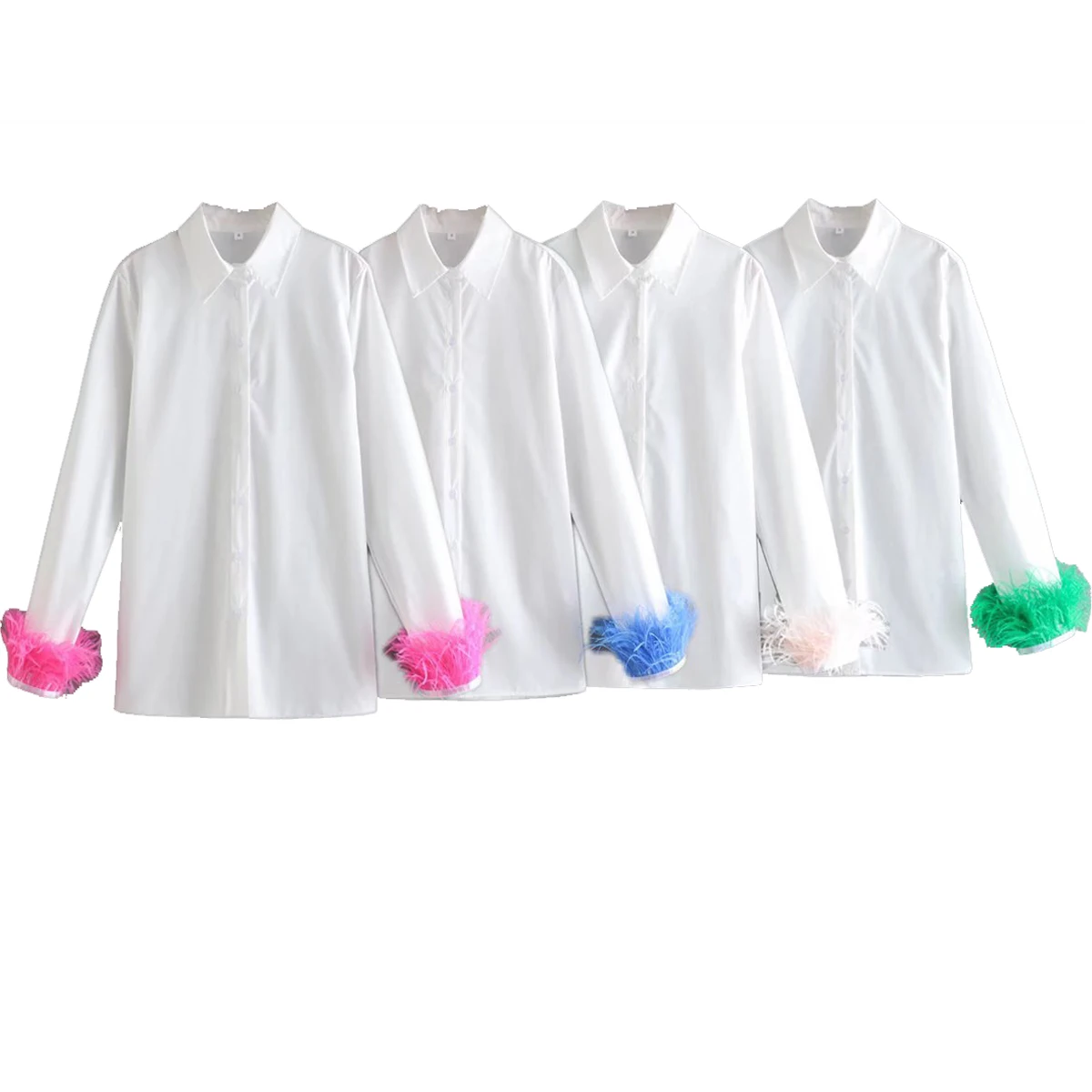 

2022 Spring New Casual White Long Sleeve Button Up Women Blouse Shirt With Feathers, 4 colors