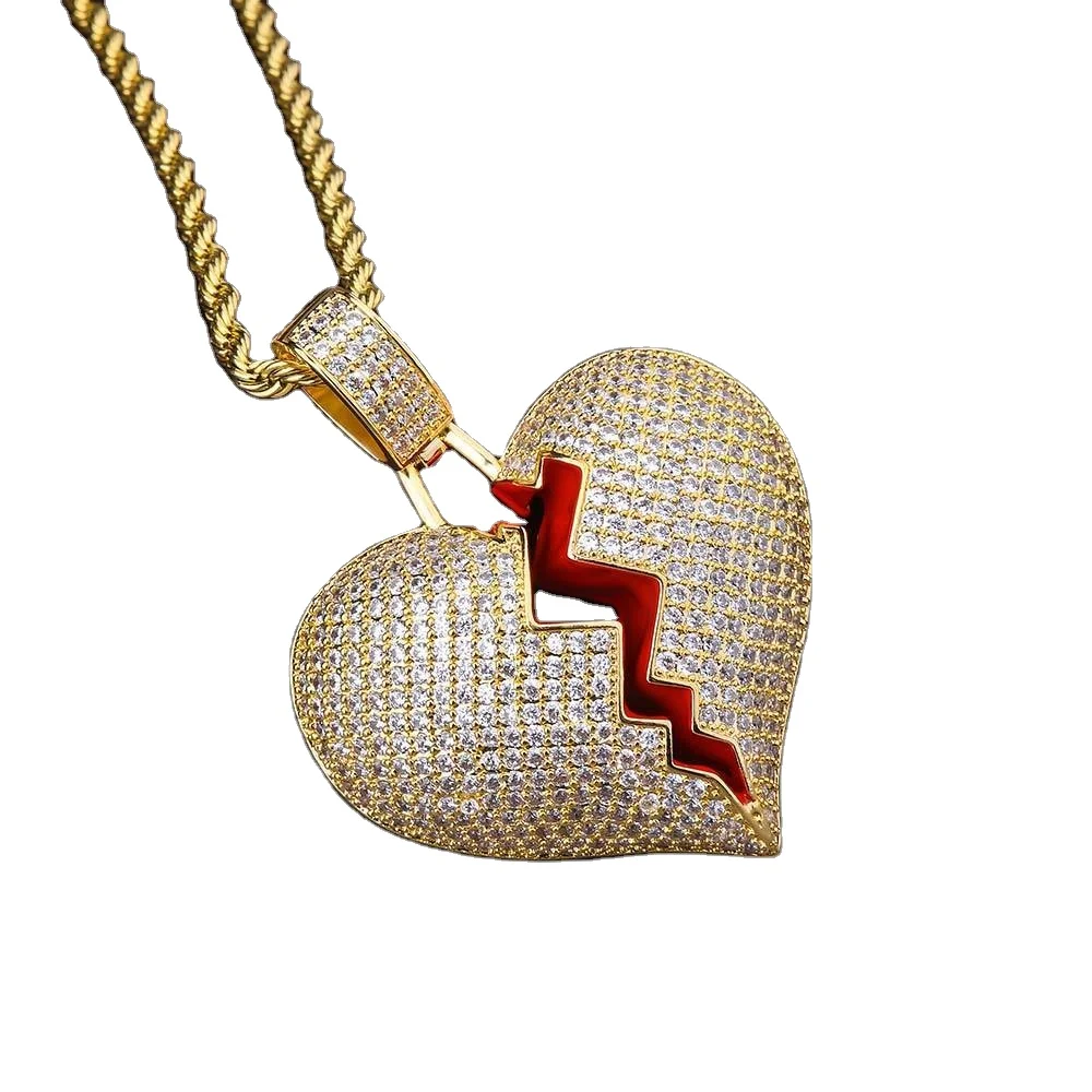 

Valentine's Day Lover Gift 18k Plated Diamond Necklace Bling Broken Heart Pendant Gold Iced Out Micro Paved Cubic Zirconia