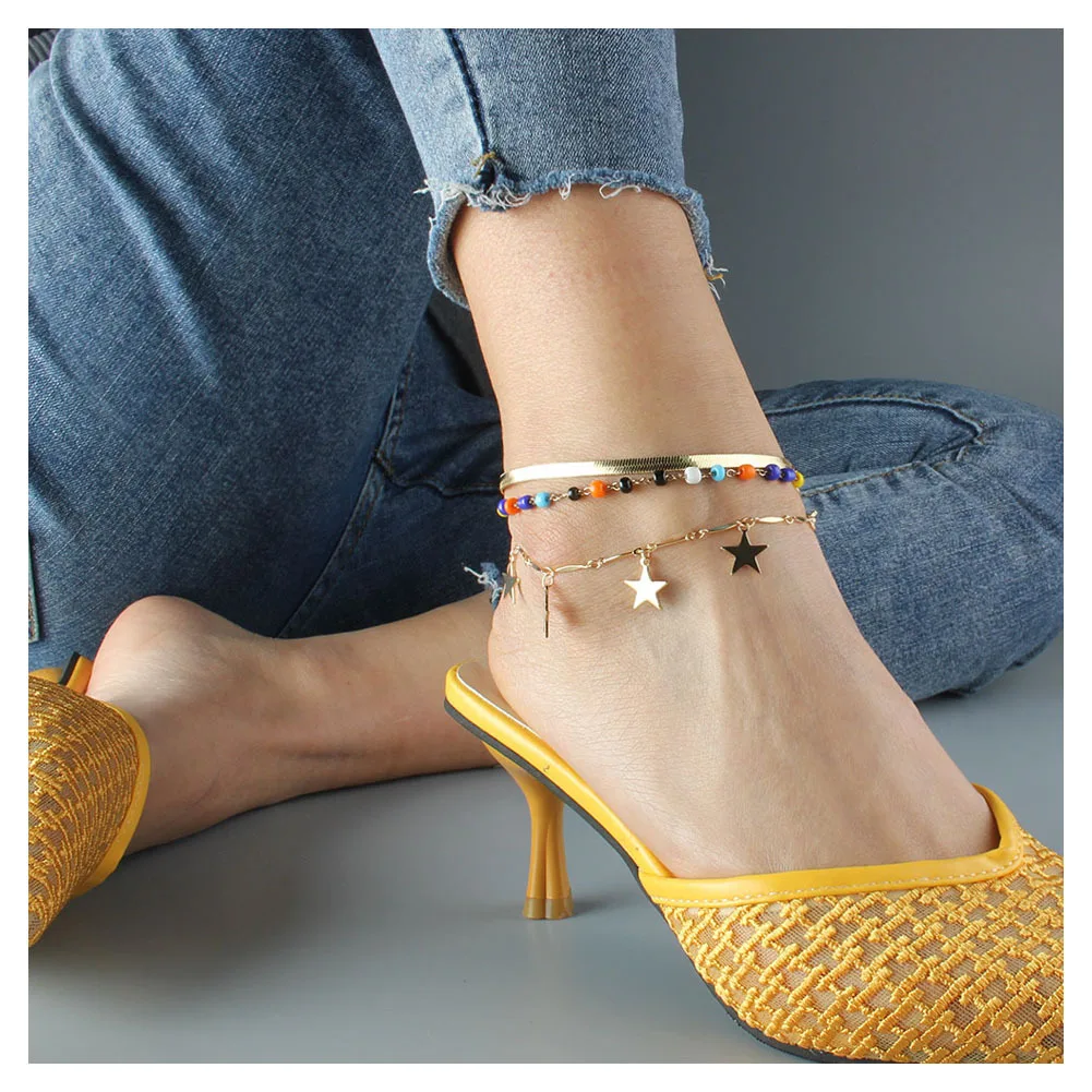 

Cuban Link Curb star Anklet Foot Jewelry White 18k Gold Plated Stainless Steel Anklets Ankle Bracelet for Women Hainon
