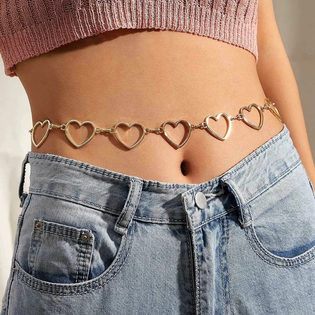 

Hip Hop Popular Summer Hollow Love Peach Heart Sexy Body Chain Belt Belly Jewelry Designer Waist Chain, Gold/silver