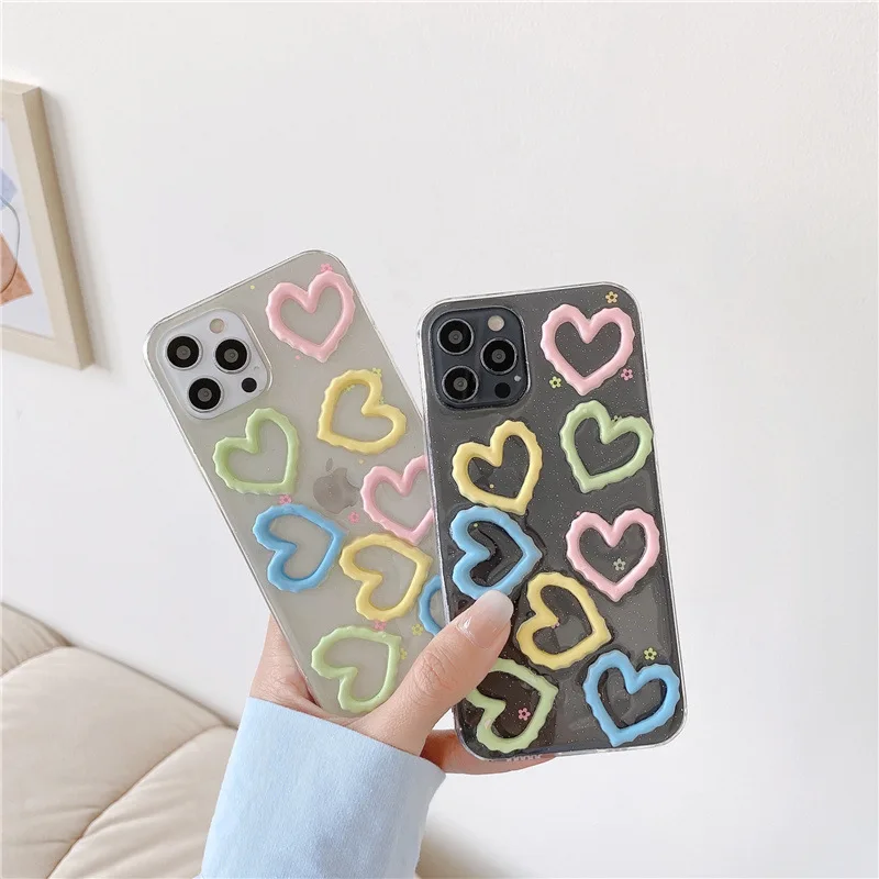 

Transparent Love Heart Epoxy Phone Case For iPhone 12 Pro Max 11 Pro 12 Mini XR XS Max X 7 8 Plus Candy Color Soft Cover