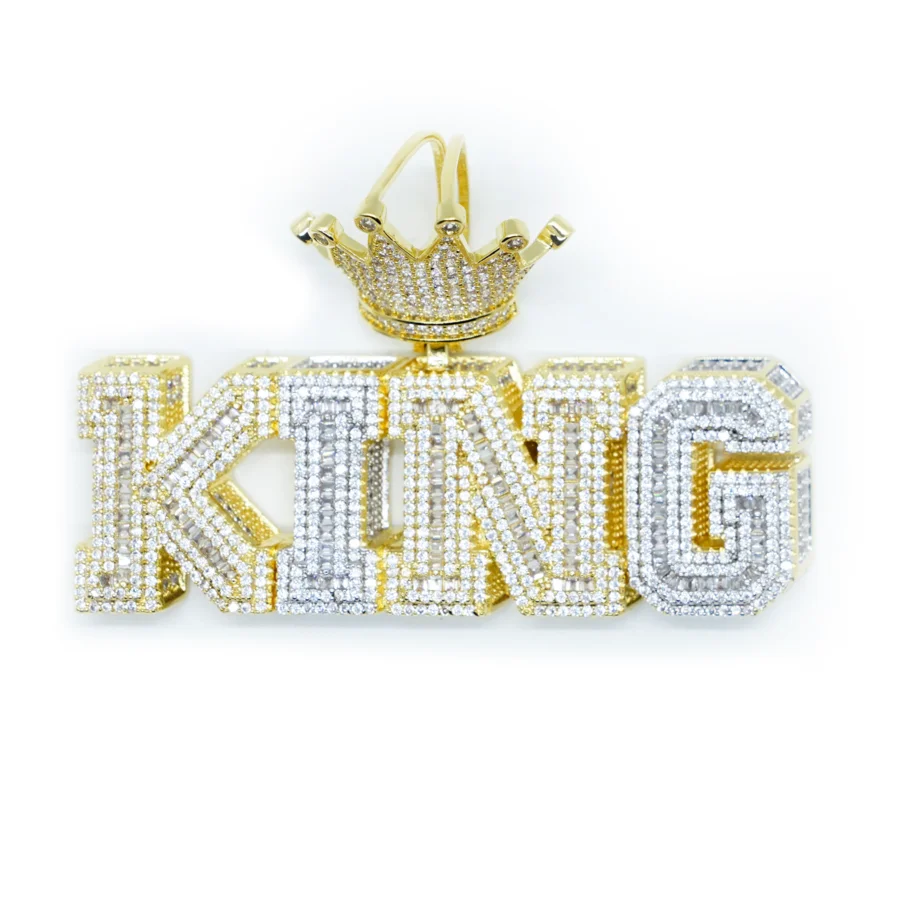 

18K gold plated iced out bling hip hop jewelry micro pave cz crown letter king pendant for men