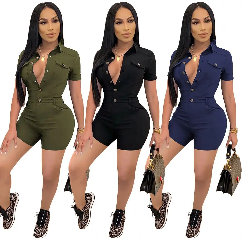 

MOEN Newest Design Pure Color Buttons Summer Jumpsuit Elegant Women 2021 Casual Short One Piece Jumpsuit And Rompers