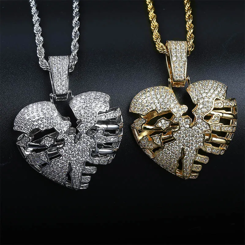 

Wholesale Mini Hiphop Broken Heart Pendant Hollow Gold Plated brass Lab Diamond AAA zircon bling bling iced out pendant, Gold, silver