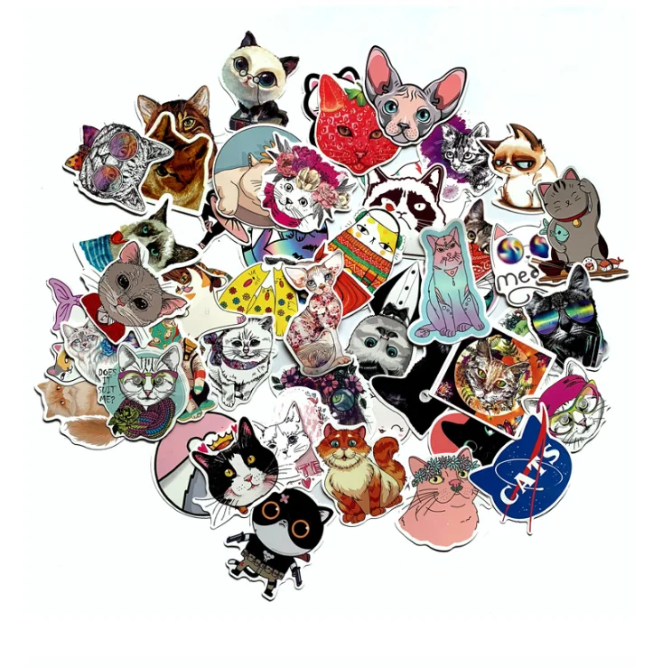 

50pcs/bag Kawaii Cat cartoon sticker decoration car electric car trunk refrigerator personality waterproof stickers, Cmyk