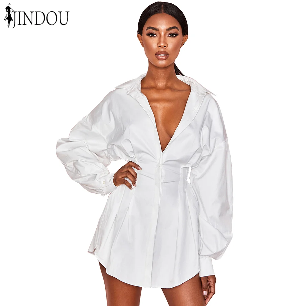 

2020 wholesale white oversize button down puff sleeve women's short polo shirt dress