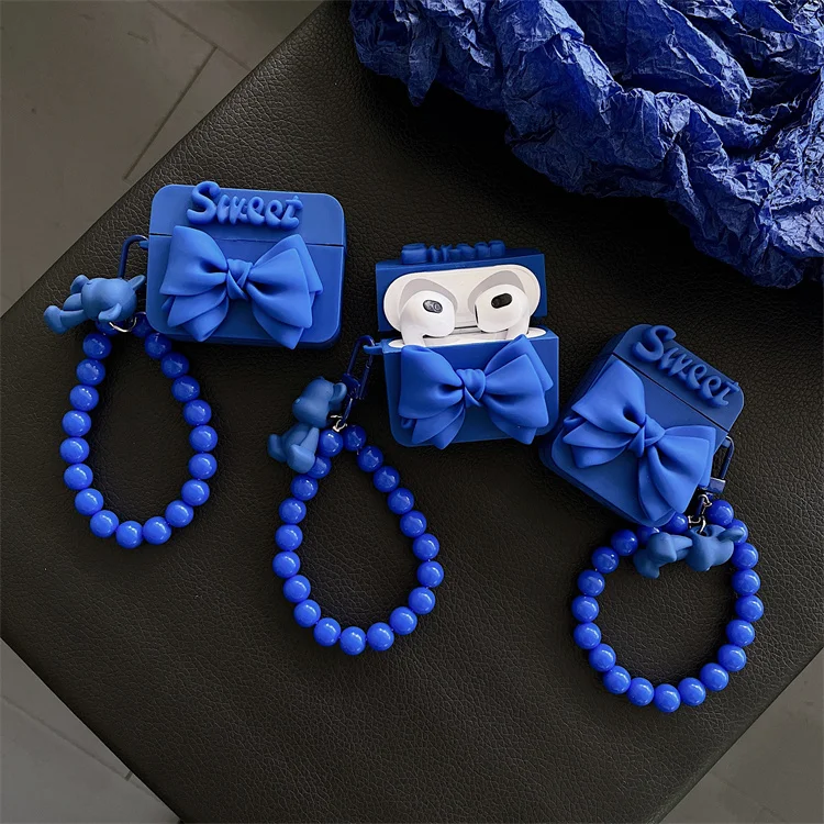

2022 Luxury Girly Fashion Blue Case Bow knot with Bracelet for Airpods 1 2 3 Pro for Airpods 3