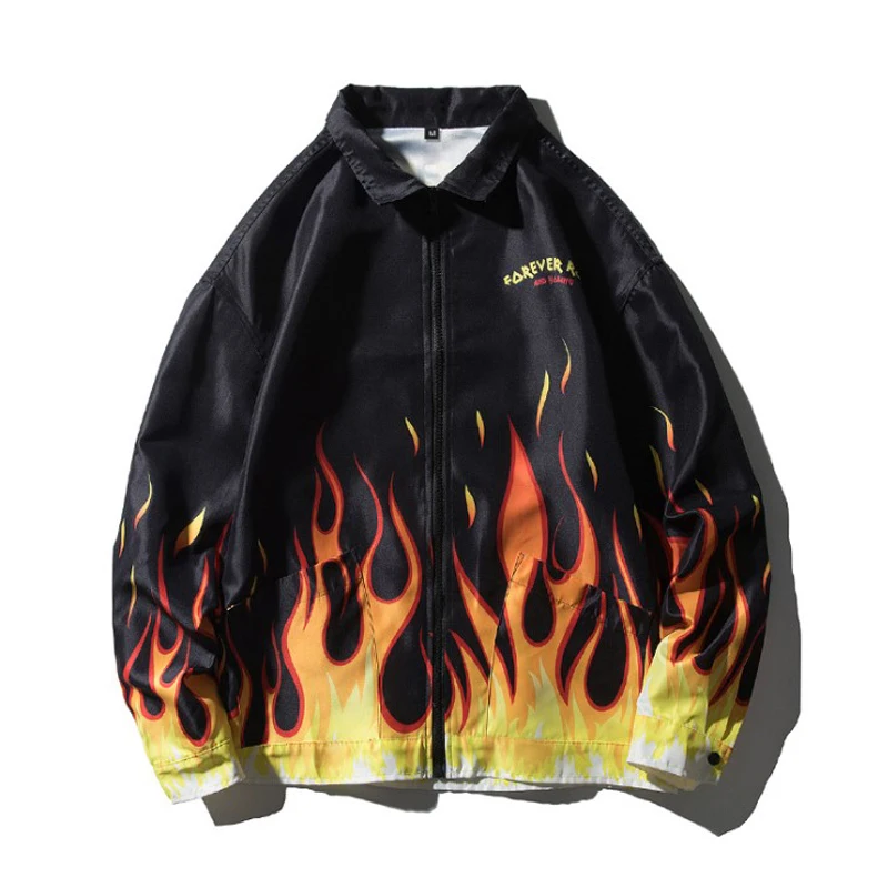 

2021 new men's casual flame print lapel jacket hip-hop style jacket