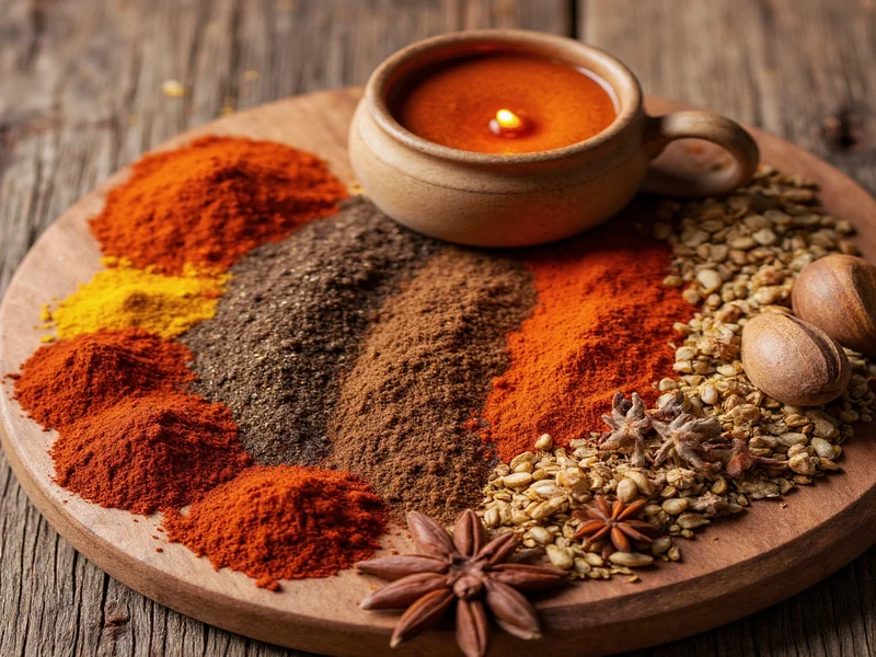 Whole chai spices arranged on wooden board