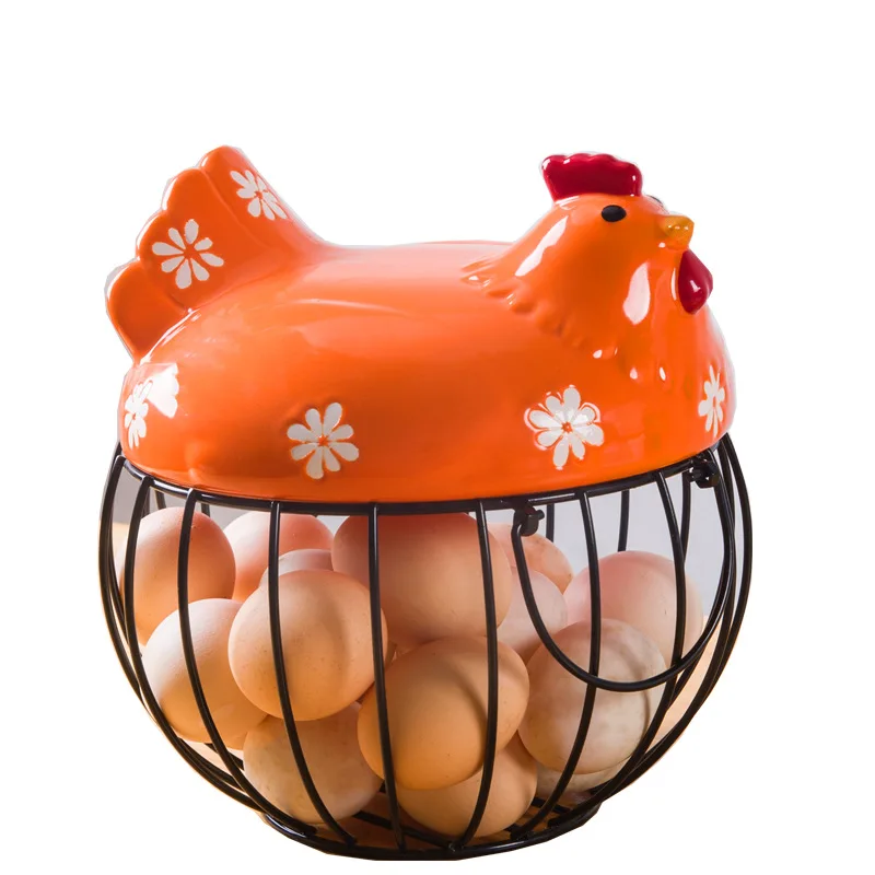 

Country Farm Style Metal Wire Egg Storage Basket With Ceramic Chicken Top Handles Fruit Snacks Organizer Kitchen Decoration, Orange/yellow/blue