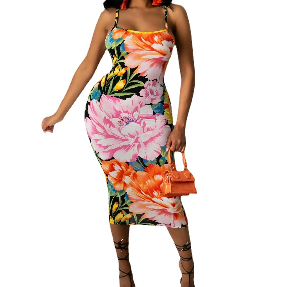 

LLDRESS Summer 2022 women's digital print floral soft milk silk strap sexy flowers dress