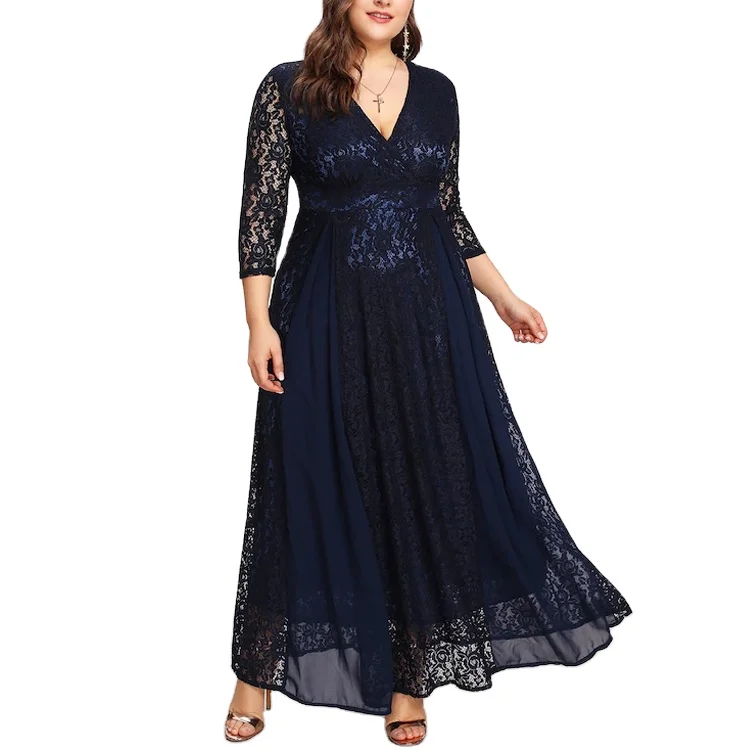 

Hot Selling V-neckline Plus Size High Waist Lace Overlay Wrap Dress party dress, Customized