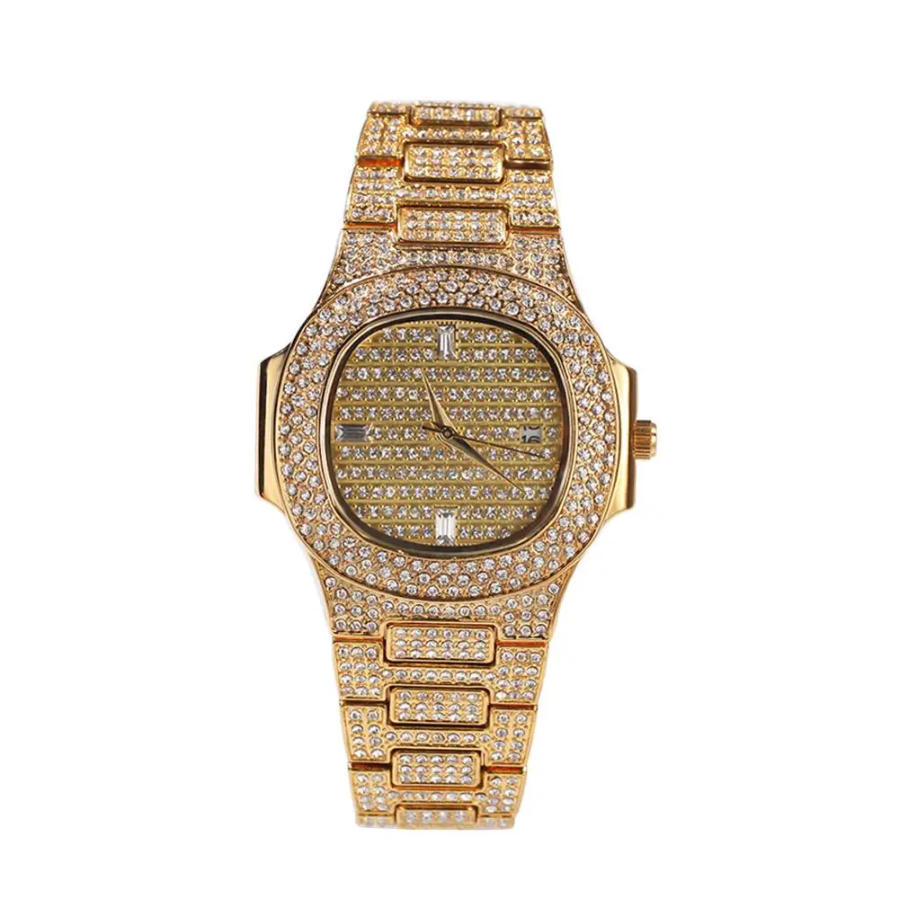 

new design 18K Gold Plated hiphop big bling Belt Calendar Watch Full Of Diamonds Wrist Stainless Steel Watch, Gold color