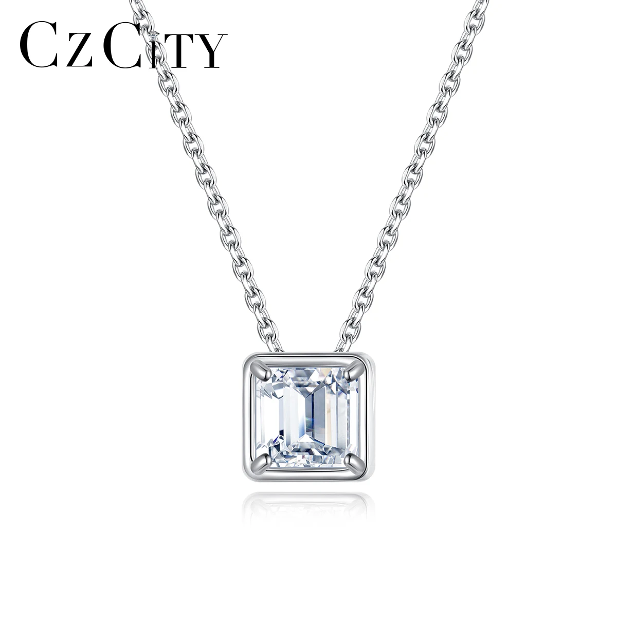 

CZCITY Necklace Square Stone Iced Out Chain Diamond VVS Silver 925 Lab Dainty Jewelry Moissanite Pendant