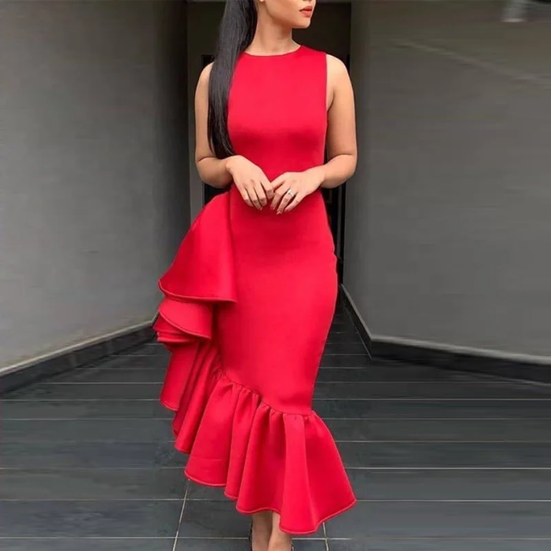 

KEN-AM200533 new Sleeveless pleated ruffle bodycon red dress women