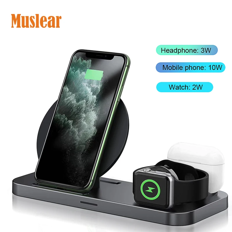 

3 in 1 10W Qi Fast Charging Station Dock Stand Mobile Phone Watch Earbuds Magnetic Wireless Charger For Iphone For Apple, Black white