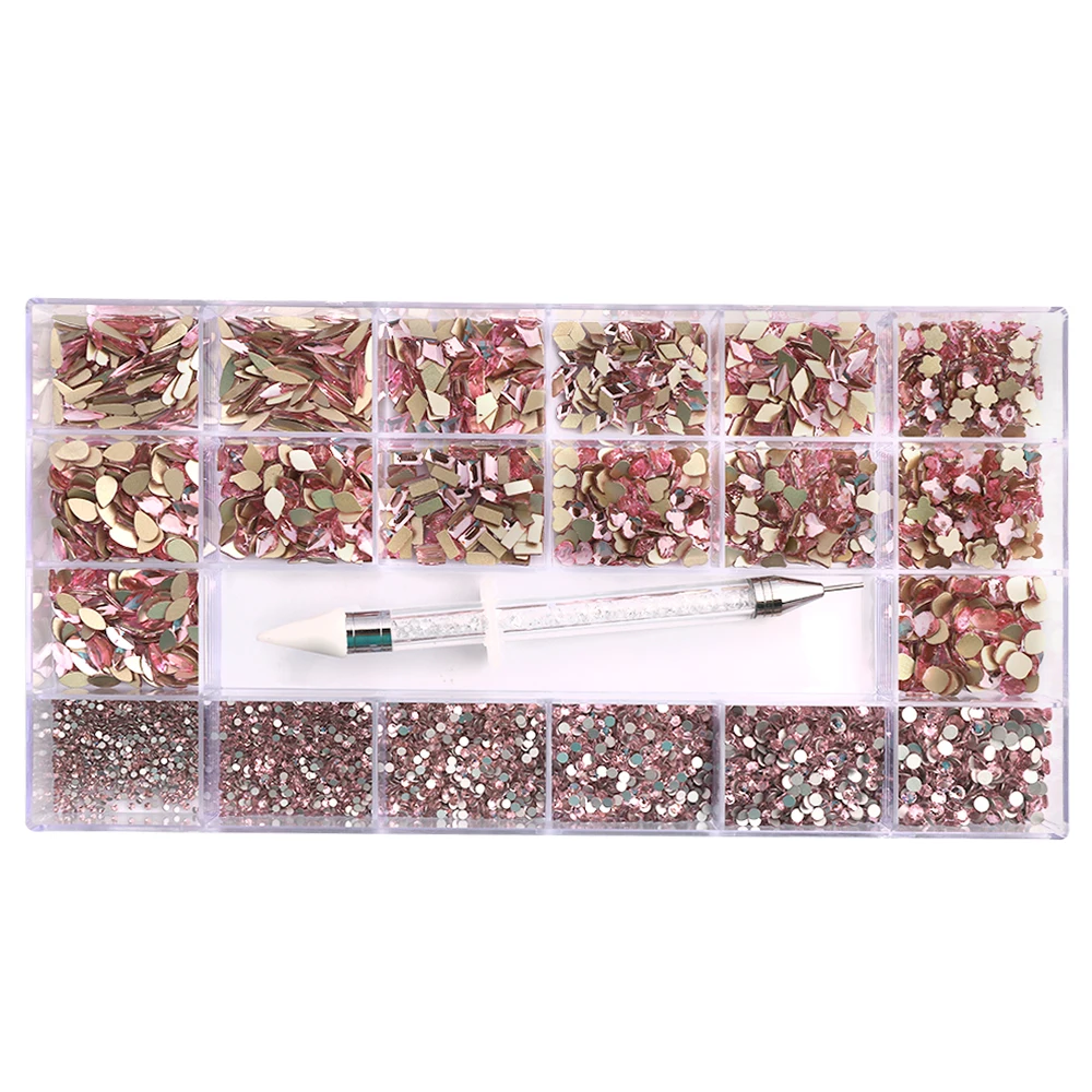 

Light Pink Nail Art Rhinestone Box Crystal Flat Golden Back Nail Glass diamond stone kit