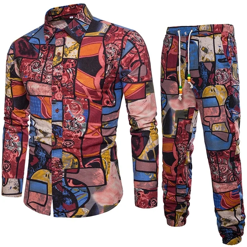 

Summer new style men's long-sleeved shirt feather printing beach two-piece casual trousers long-sleeved shirt, Mixed