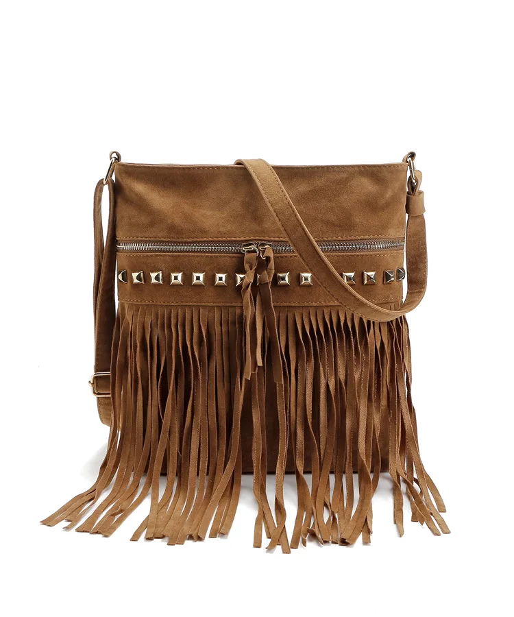 

European Fashion Tassels Messenger Bag Decoration Women fringe Tassel Crossbody Bag Shoulder Bags With Rivet, 2 color,black, camel