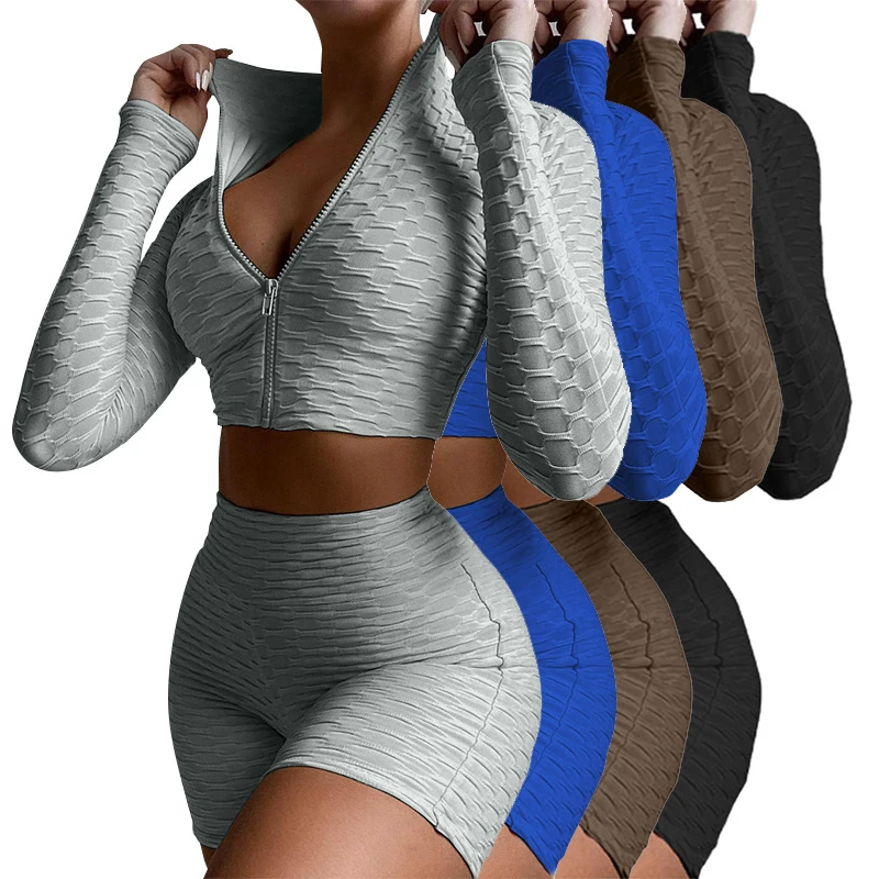

Women Bubble Texture Fitness Gym Short Workout Ribbed Suit Zipper long sleeve Crop Top Jacket Yoga Shorts Set