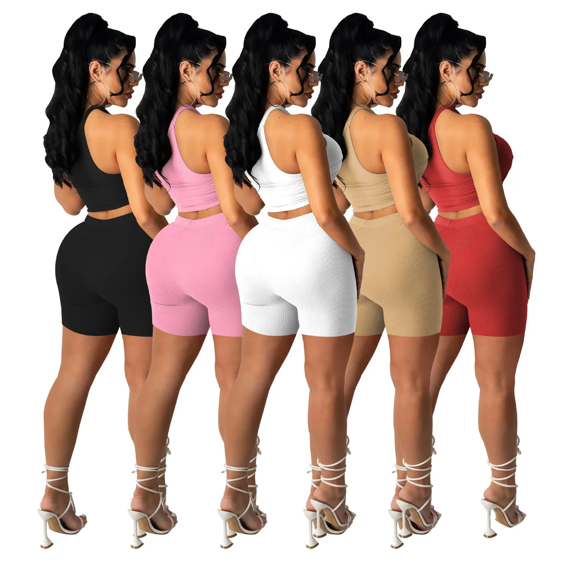 

YF-8209 Summer Women'S Pleated Vest Shorts Two-Piece Solid Color Elastic Pit Stripe Women'S Slim Suit