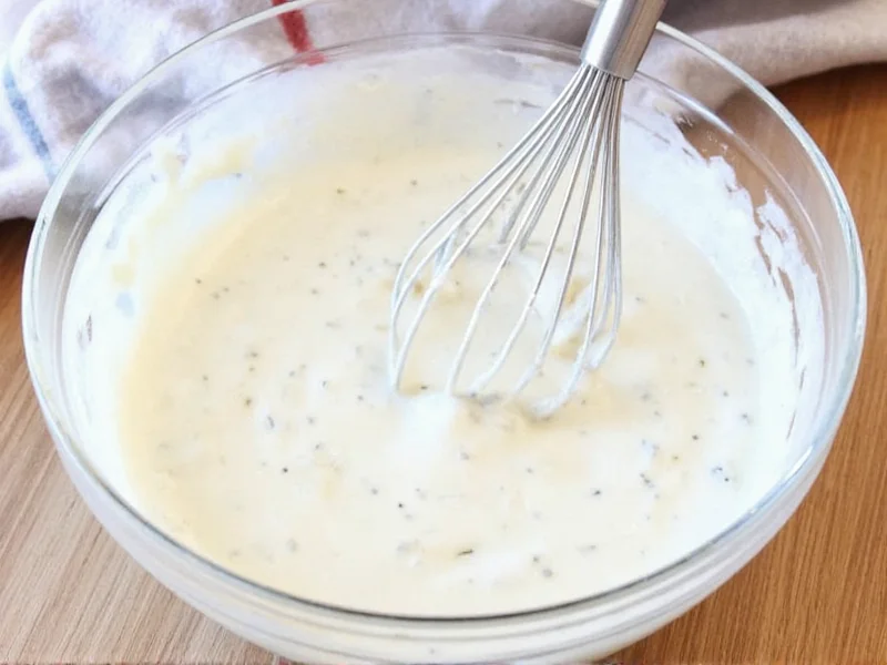 Whisking creamy ranch dressing in glass bowl