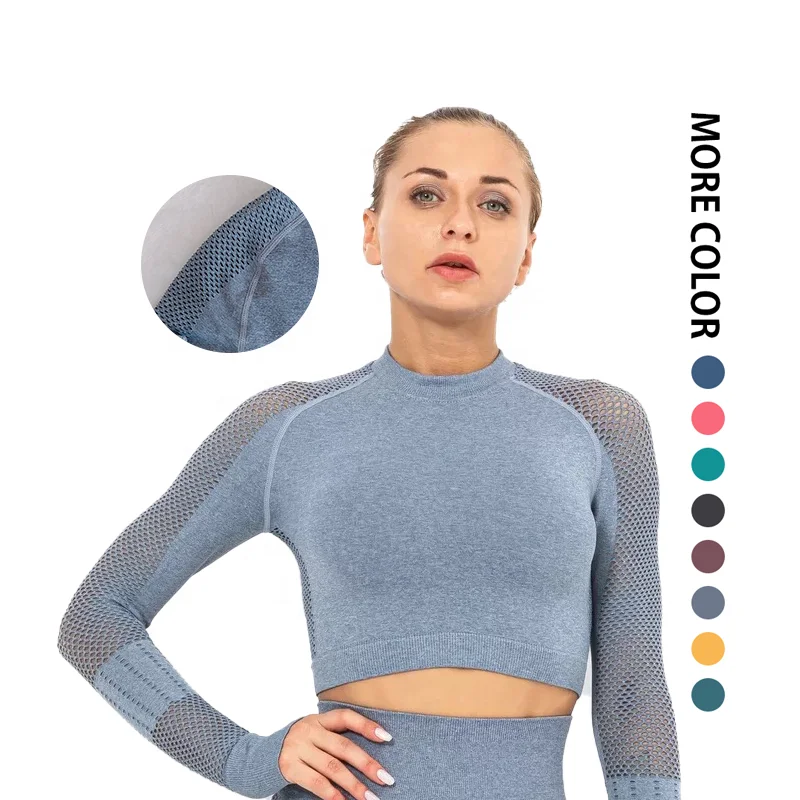 

Top fashion mesh yoga workout clothing fitness seamless crop top short long sleeve, Customized colors