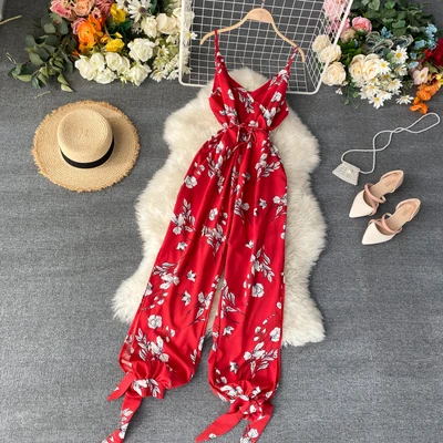 

2020 New designs women floral printed chiffon long jumpsuits