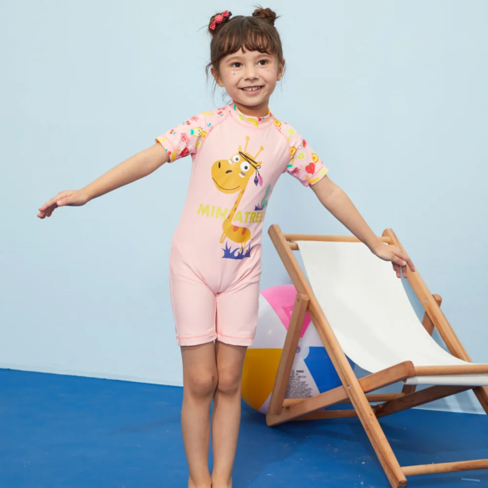 

Miniatree Swimming Suits Girls Rash Guard Kid Swimwear Short Sleeve One Piece Girls Swimsuits Kids Bathing Suits Zipper Swimsuit, Pink