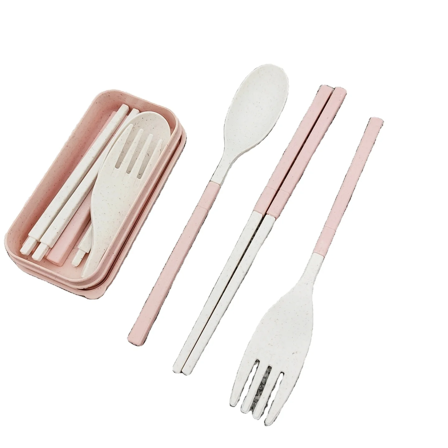 

2021 food safe portable flatware travel cutlery set promotion cheap wheat starch spoon fork chopstick knife plastic cutleryset, Pink,green,blue,beige