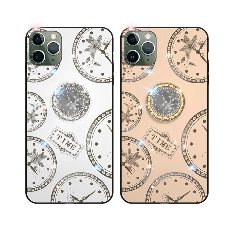 

TIME luxury rhinestones diamond phone cases for iphone 11 pro max 7 8 plus xr xs max with ring holder design, Gold, white