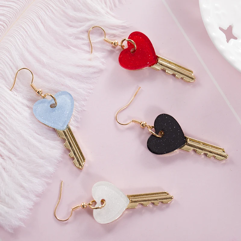 

Colorful Heart Red Black Key Shape Acrylic Drop Earrings Dangle Earrings Women Fashion Jewelry, Gold