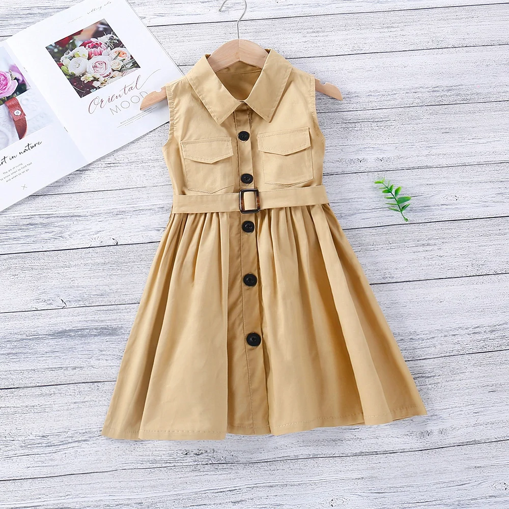 

Girl Dress 2021 Summer New Sleeveless Lapel Collar Single-breasted Casual Dress With Belt Children Clothes