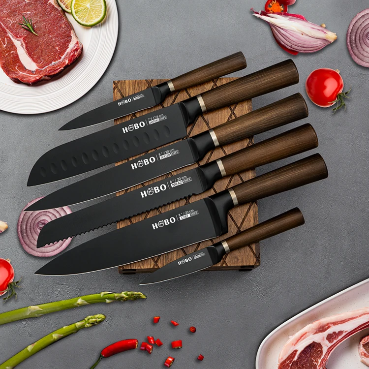 

High quality germany coating professional 6pcs kitchen knives stainless steel black chef knife set with wooden block