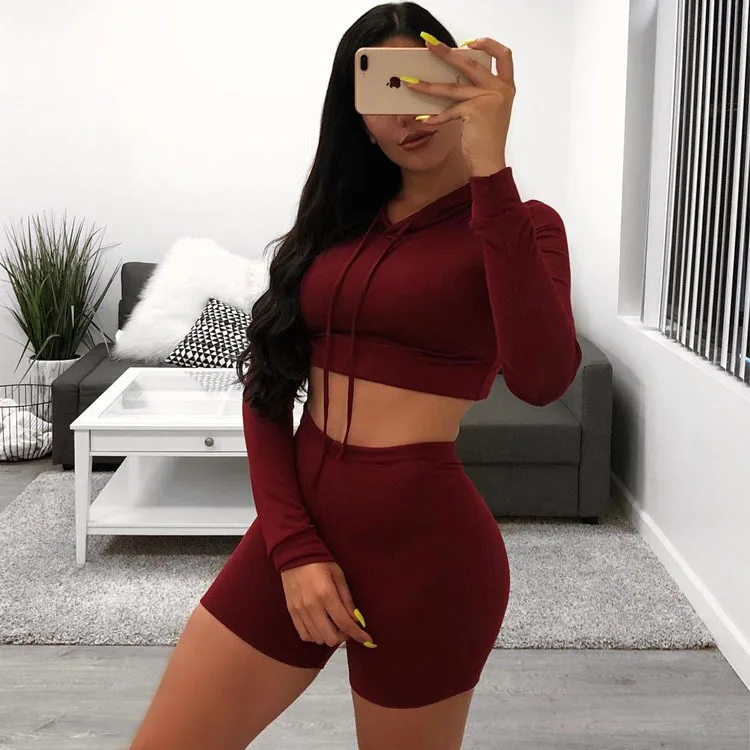 

2021 wholesale Custom logo short sets 2 piece sweatpants and hoodie set solid color women Jogger two piece set women clothing, Picture