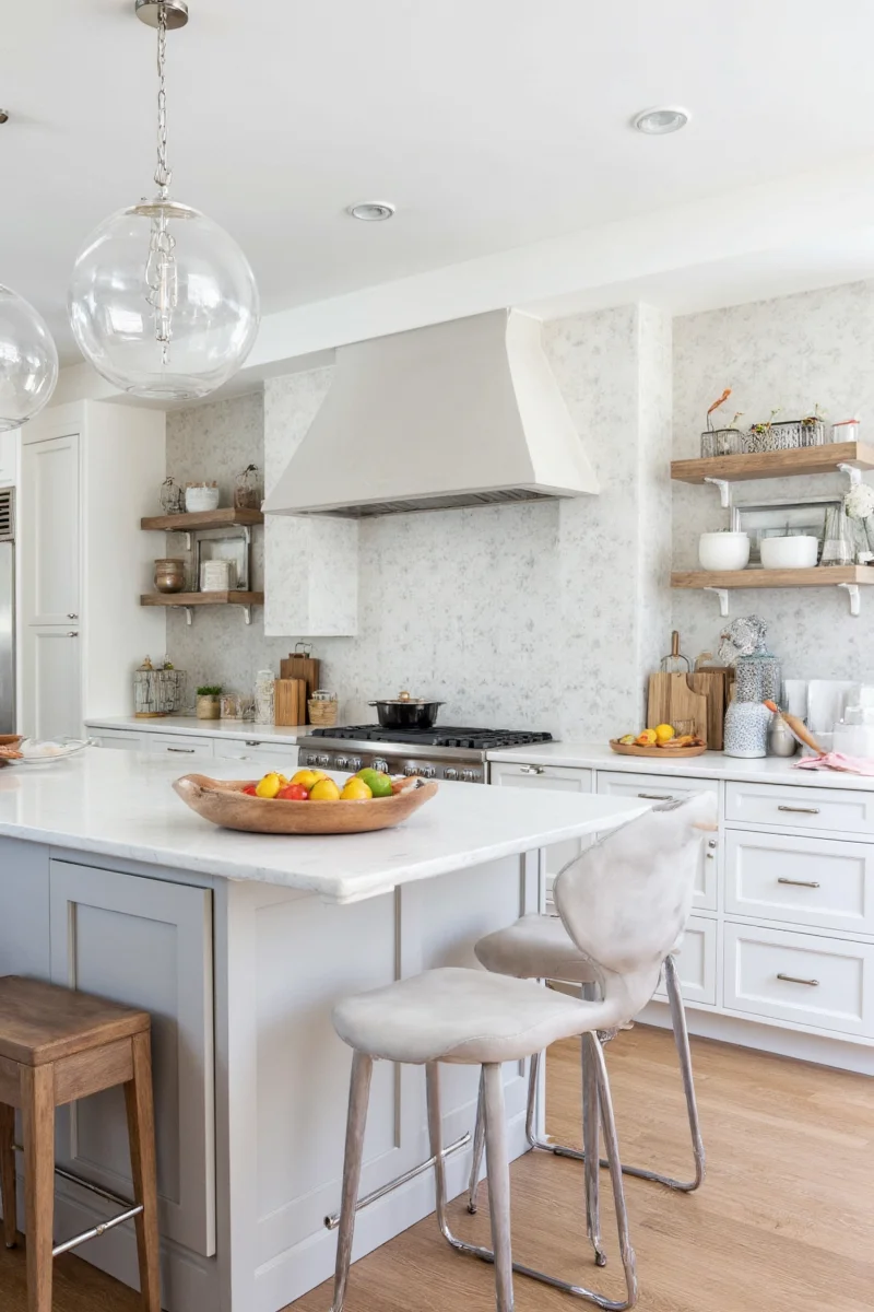 Grey kitchen with white cabinets