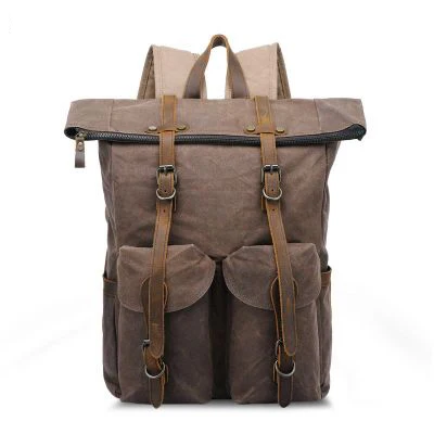 

Popular vintage waterproof rucksack waxed canvas outdoor unisex hiking backpack military sport roll top back pack for men, Coffee army green grey