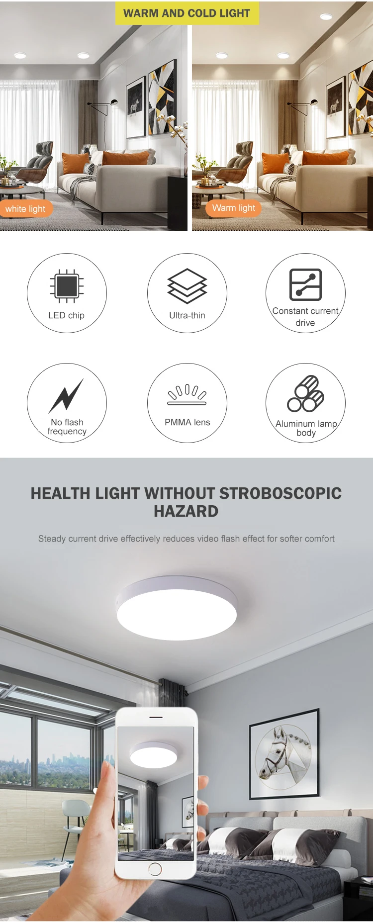 Saving energy frameless surface mount round square 8watt 15watt 22watt led panel light