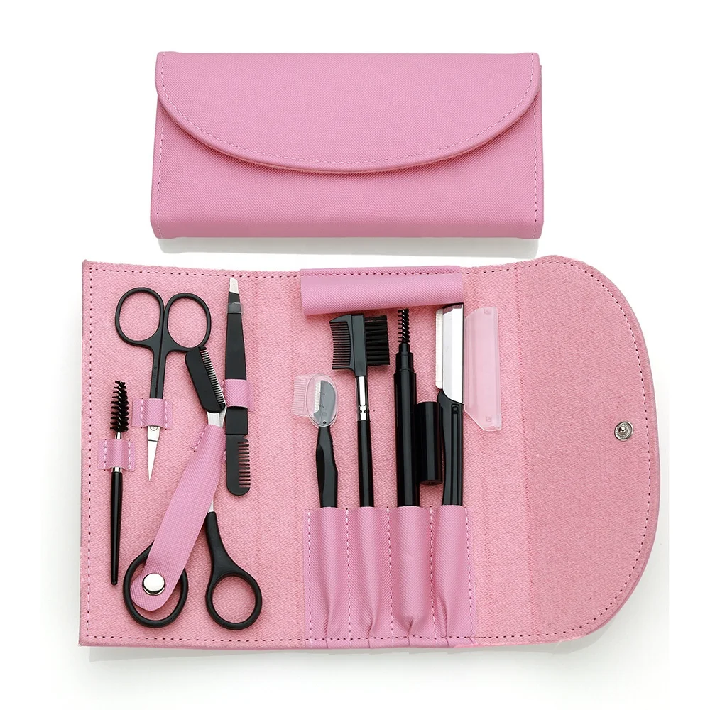 

8pcs Eyebrow Clip Trimming Set Pink Makeup Tool Set Eyebrow trimmer Razor Eyelash scissors brush pencil Eyebrow tweezers kit