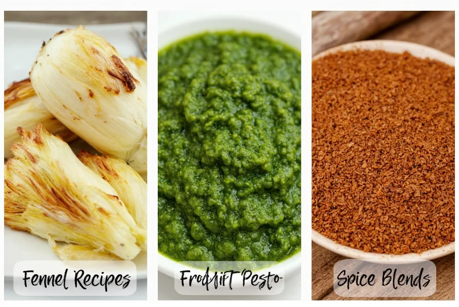Fennel recipe collage showing roasted bulb, frond pesto, and seed spice blend applications