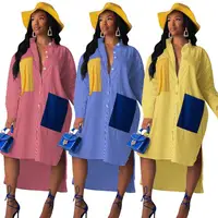 

New Arrivals Women Turn-down Collar Front Button Long Sleeve Pockets Loose Color Block Striped Patchwork Irregular T-shirt Dress