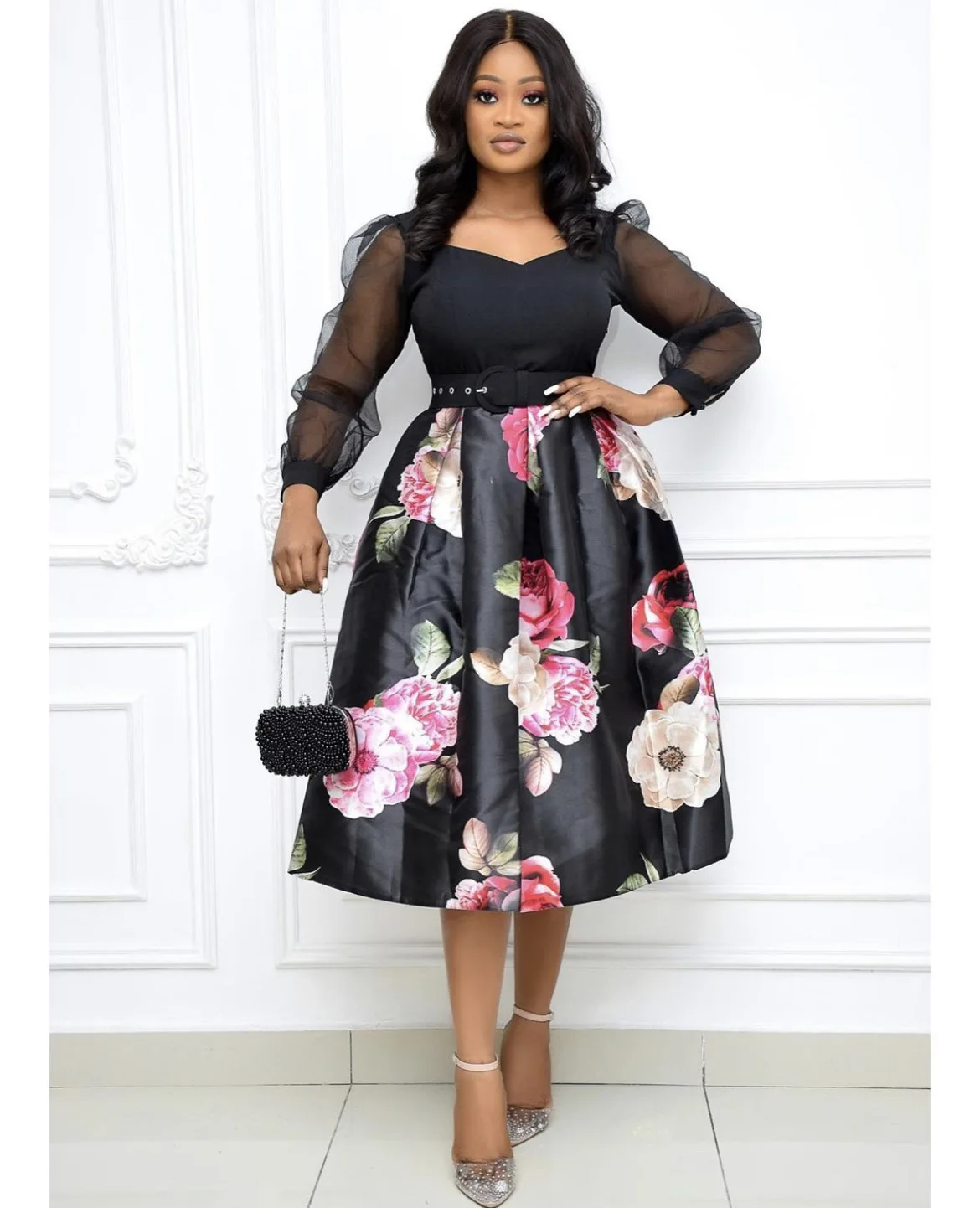 

2021 Europe and American lady fashion office dress African Lady elegant floral dress, As showed